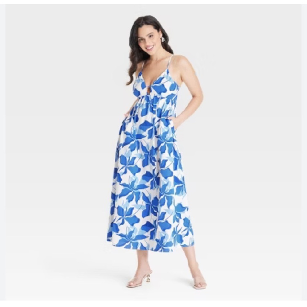 A new day royal blue and white floral print cut out maxi dress with pockets